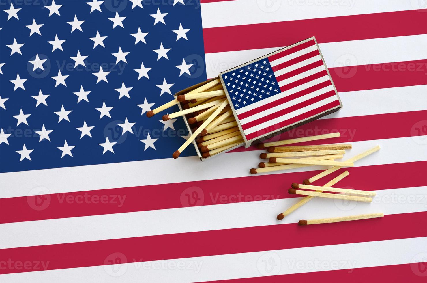United States of America flag  is shown on an open matchbox, from which several matches fall and lies on a large flag photo