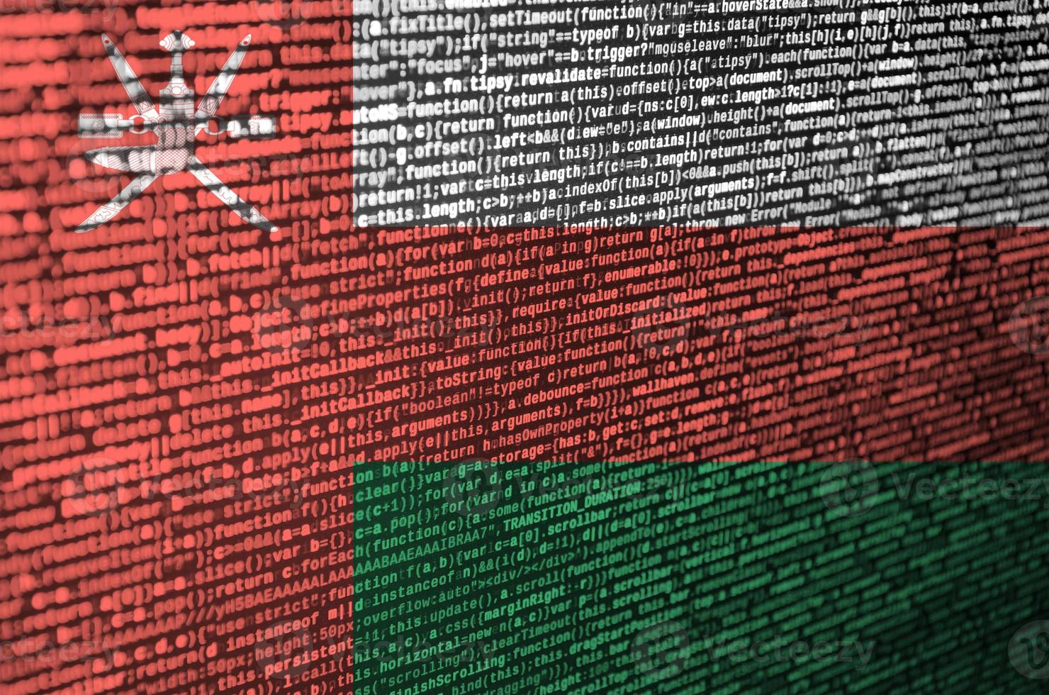 Oman flag  is depicted on the screen with the program code. The concept of modern technology and site development photo