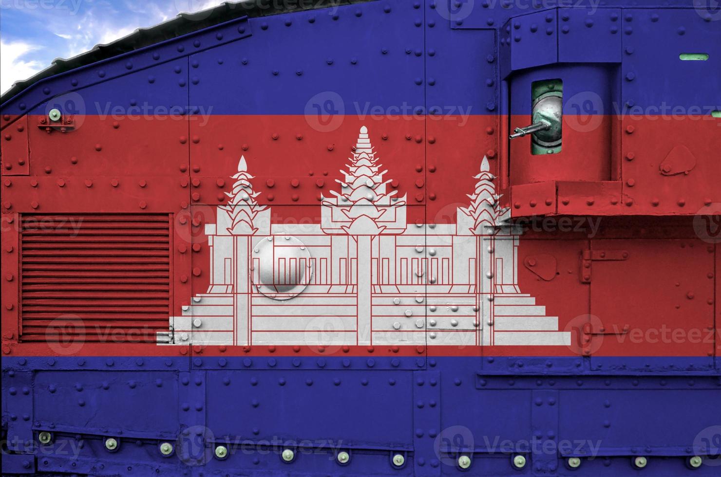 Cambodia flag depicted on side part of military armored tank closeup. Army forces conceptual background photo