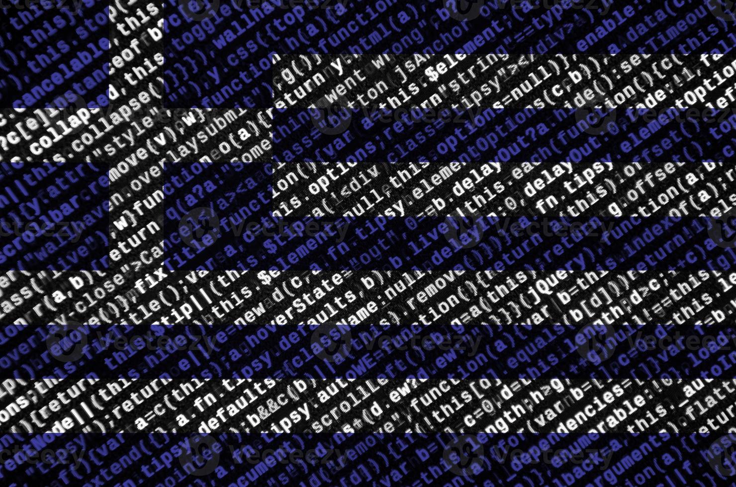 Greece flag  is depicted on the screen with the program code. The concept of modern technology and site development photo