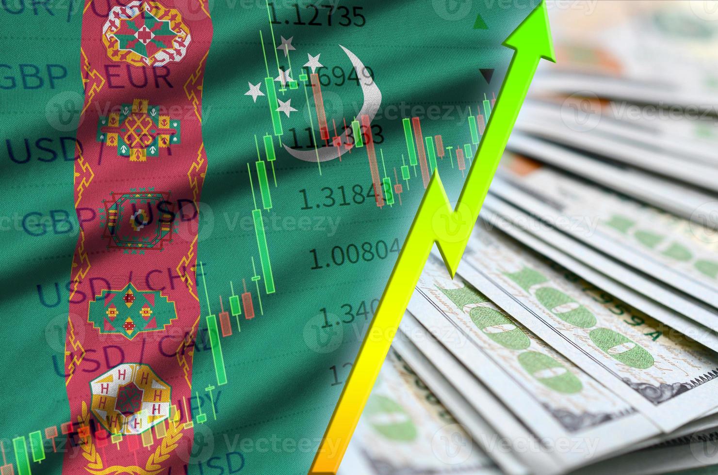 Turkmenistan flag and chart growing US dollar position with a fan of dollar bills photo