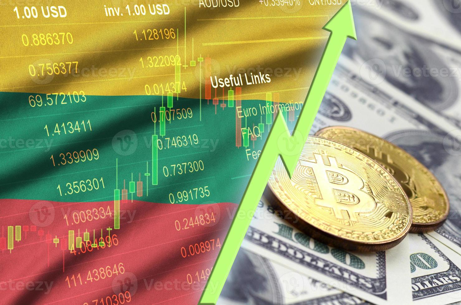 Lithuania flag and cryptocurrency growing trend with two bitcoins on dollar bills photo