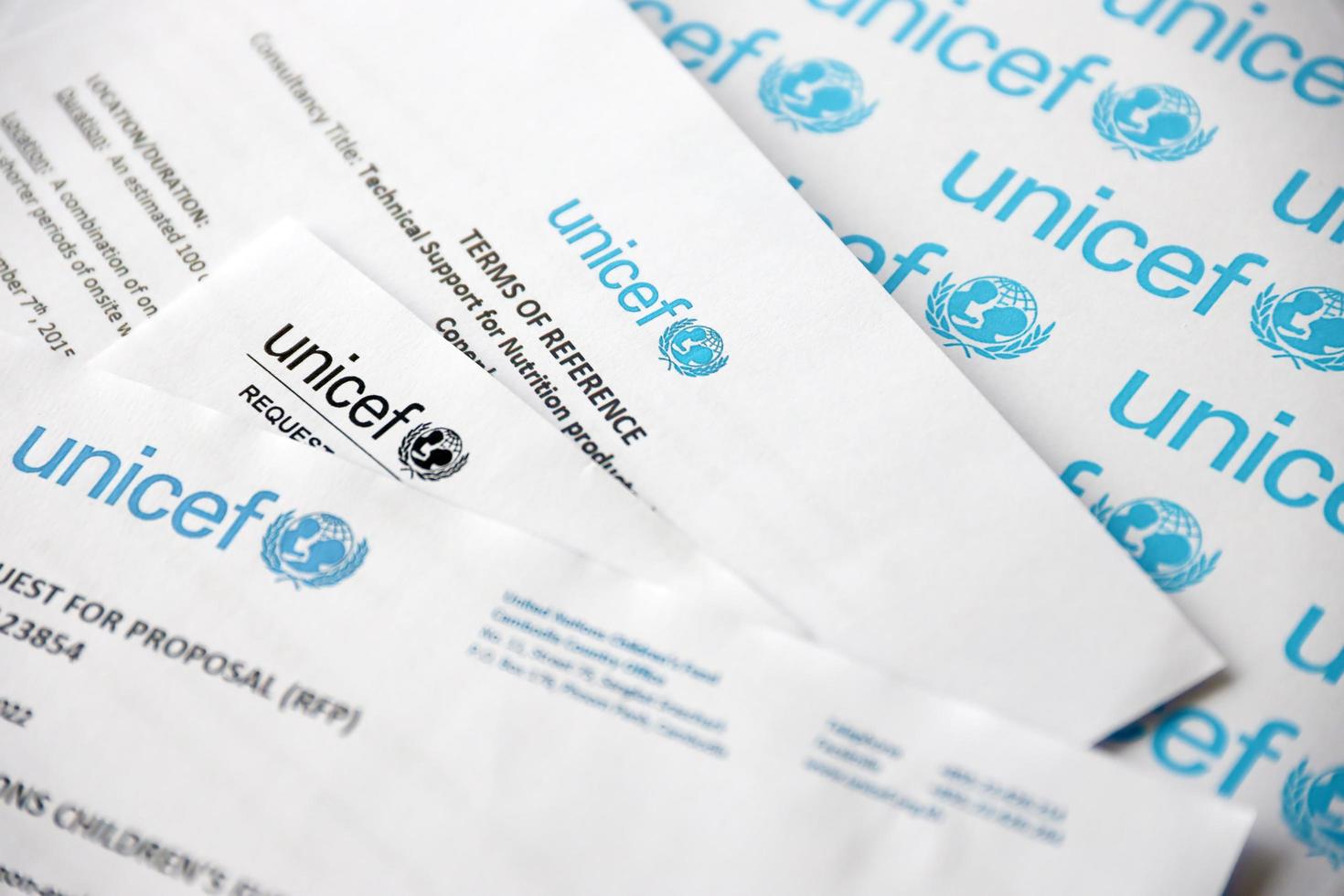 TERNOPIL, UKRAINE - MAY 2, 2022 Request for proposal for services from UNICEF - United Nations programm that provides humanitarian and developmental assistance to children photo