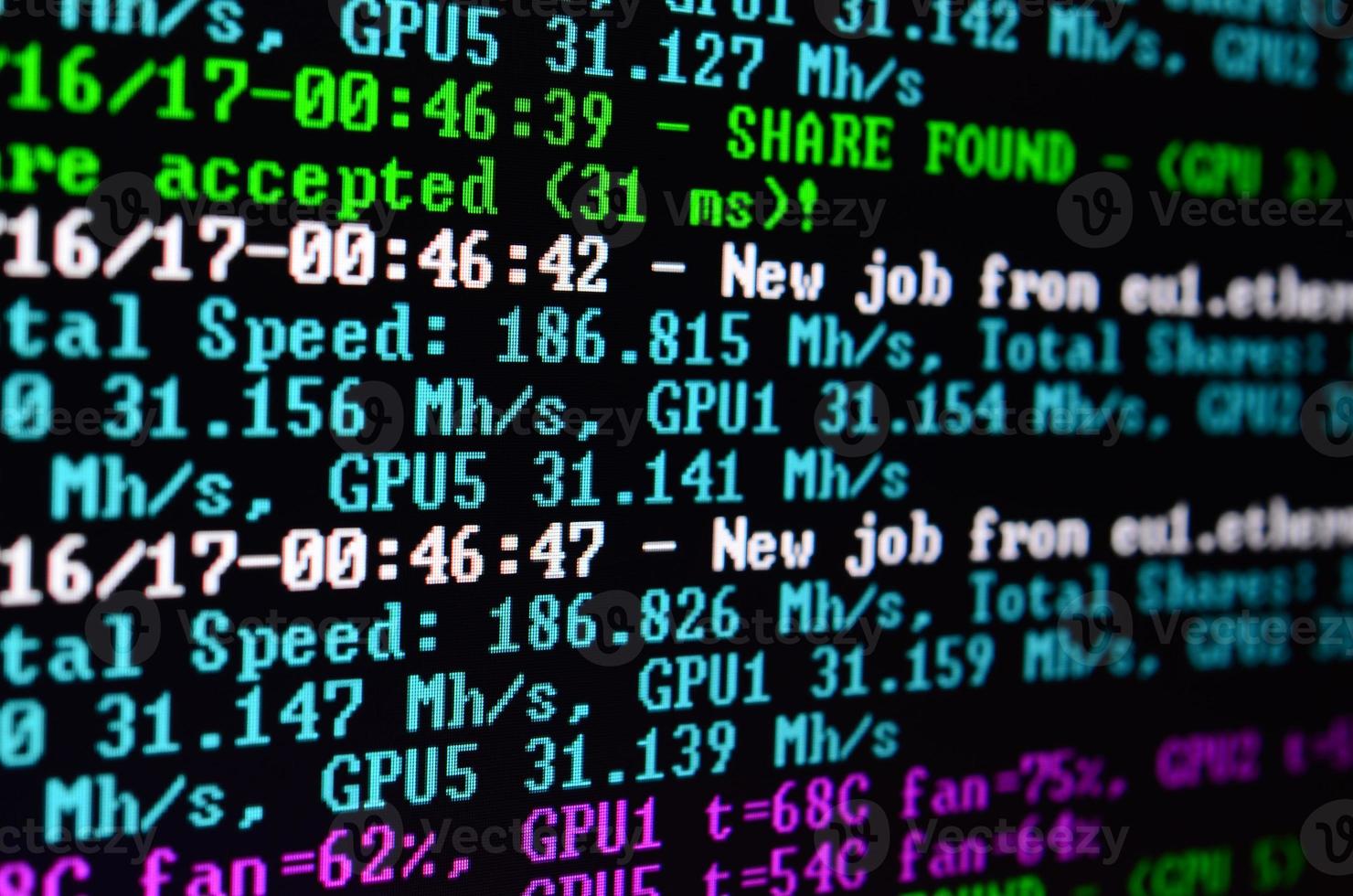 Macro snapshot of the program interface for crypto currency mining on the monitor of an office computer. The concept of mining bitcoins. The flow of information strings and data photo