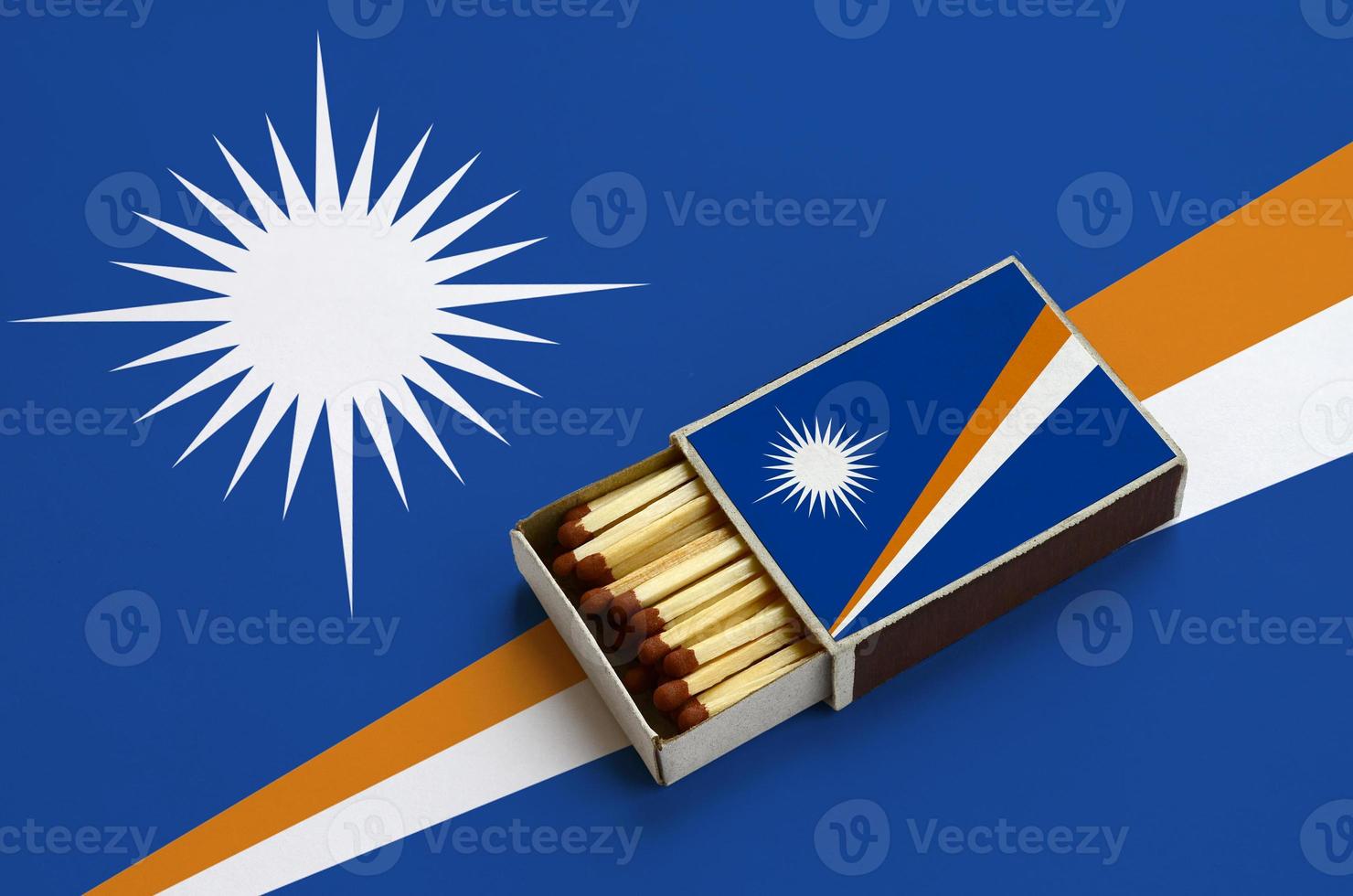 Marshall Islands flag  is shown in an open matchbox, which is filled with matches and lies on a large flag photo