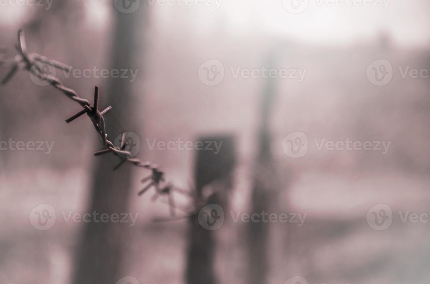 Macro shot of an element of old and rusty barbed wire with a blurred background. Fragment of a village fence of a territorial site photo