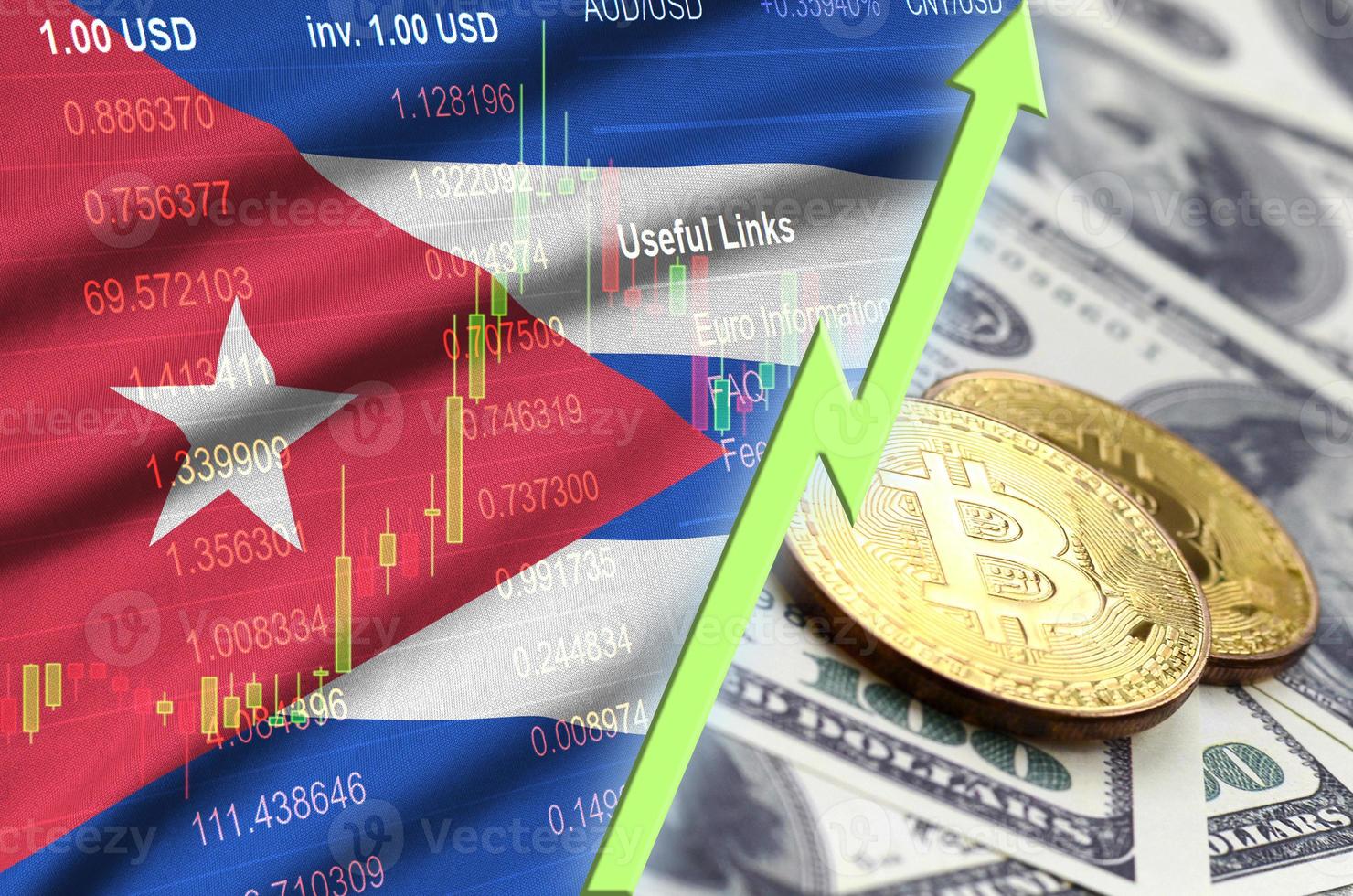 Cuba flag and cryptocurrency growing trend with two bitcoins on dollar bills photo