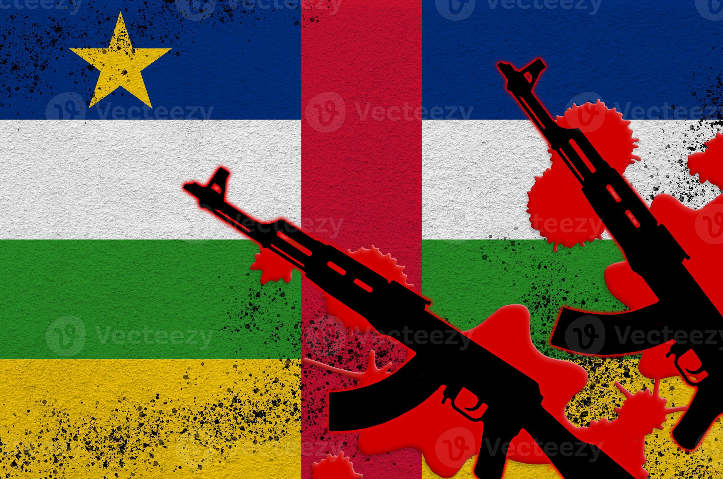 Central African Republic flag and two black AK47 rifles in red blood. Concept for terror attack