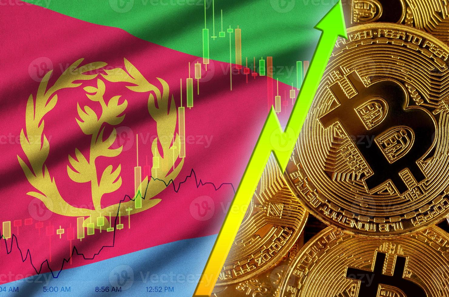 Eritrea flag and cryptocurrency growing trend with many golden bitcoins photo
