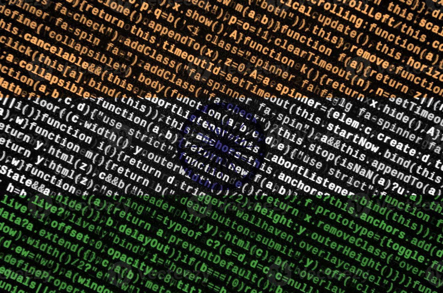 India flag  is depicted on the screen with the program code. The concept of modern technology and site development photo