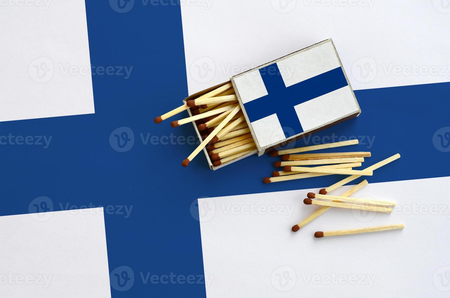 Finland flag  is shown on an open matchbox, from which several matches fall and lies on a large flag photo