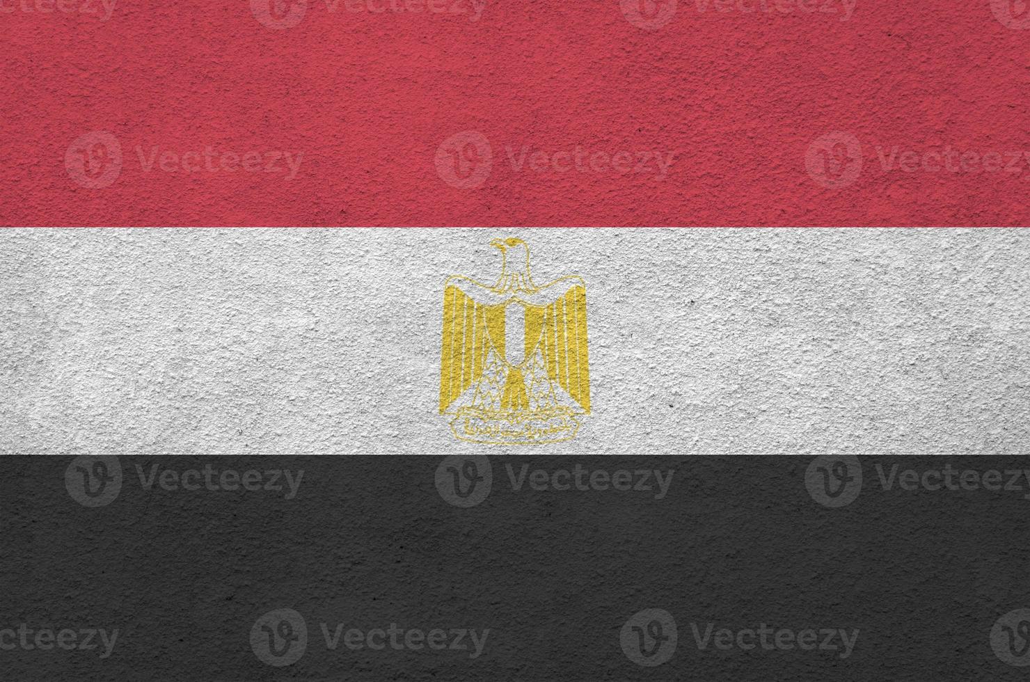 Egypt flag depicted in bright paint colors on old relief plastering wall. Textured banner on rough background photo
