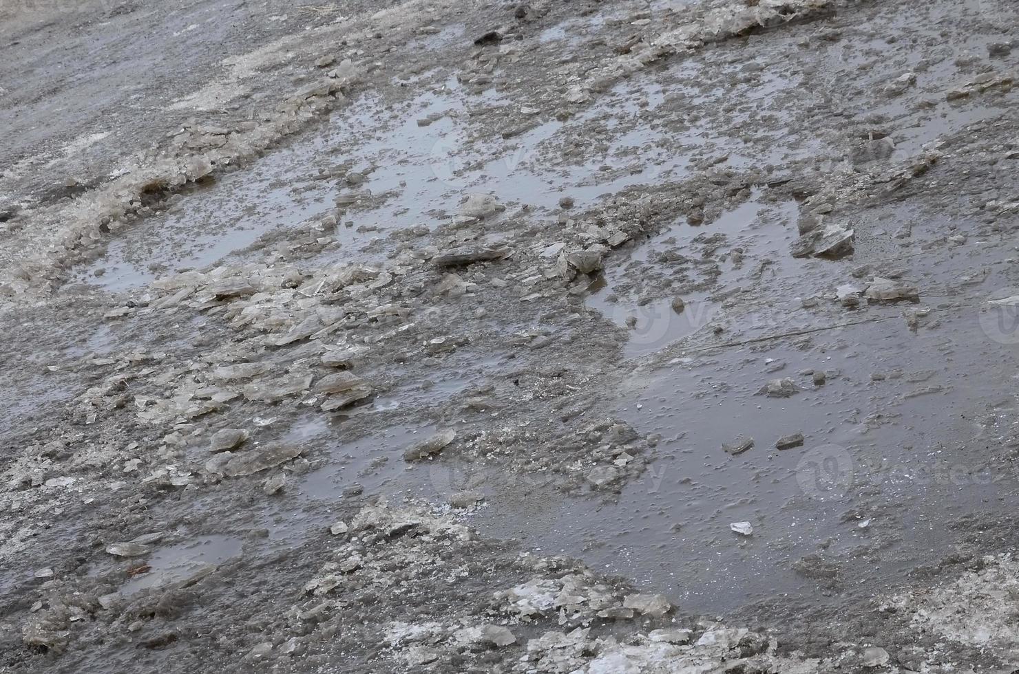 Damaged asphalt road with potholes caused by freezing and thawing cycles during the winter. Poor road photo