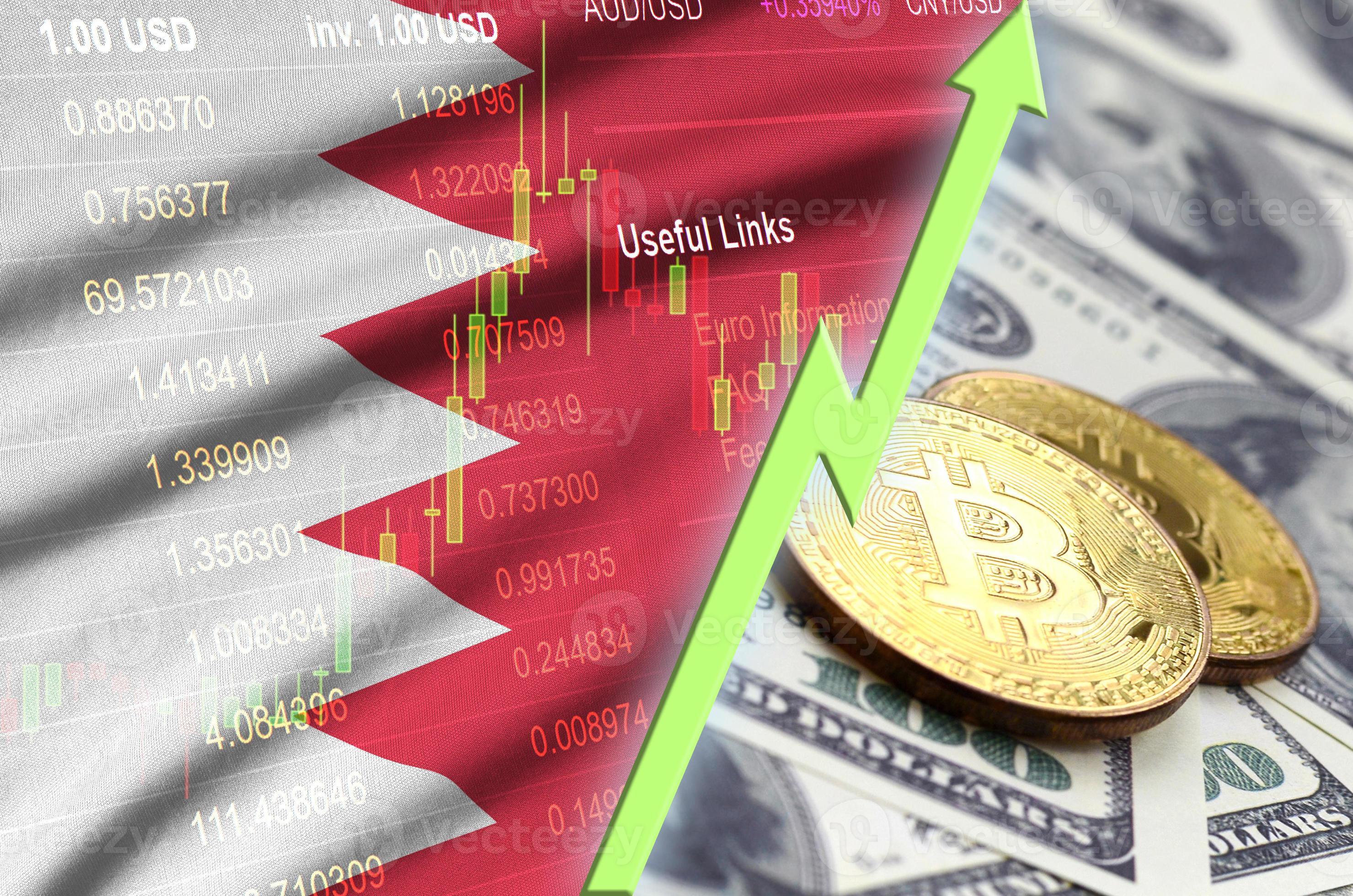 Bahrain flag and cryptocurrency growing trend with two bitcoins on