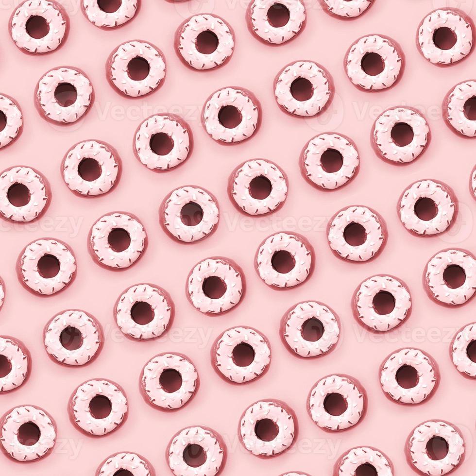 Many small plastic donuts lies on a pastel colorful background. Flat lay minimal pattern. Top view photo