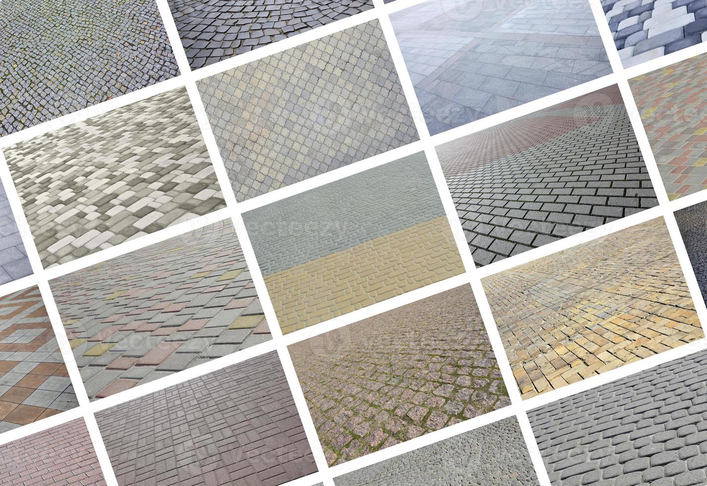 A collage of many pictures with fragments of paving tiles close-up. Set of images with pavement stone photo