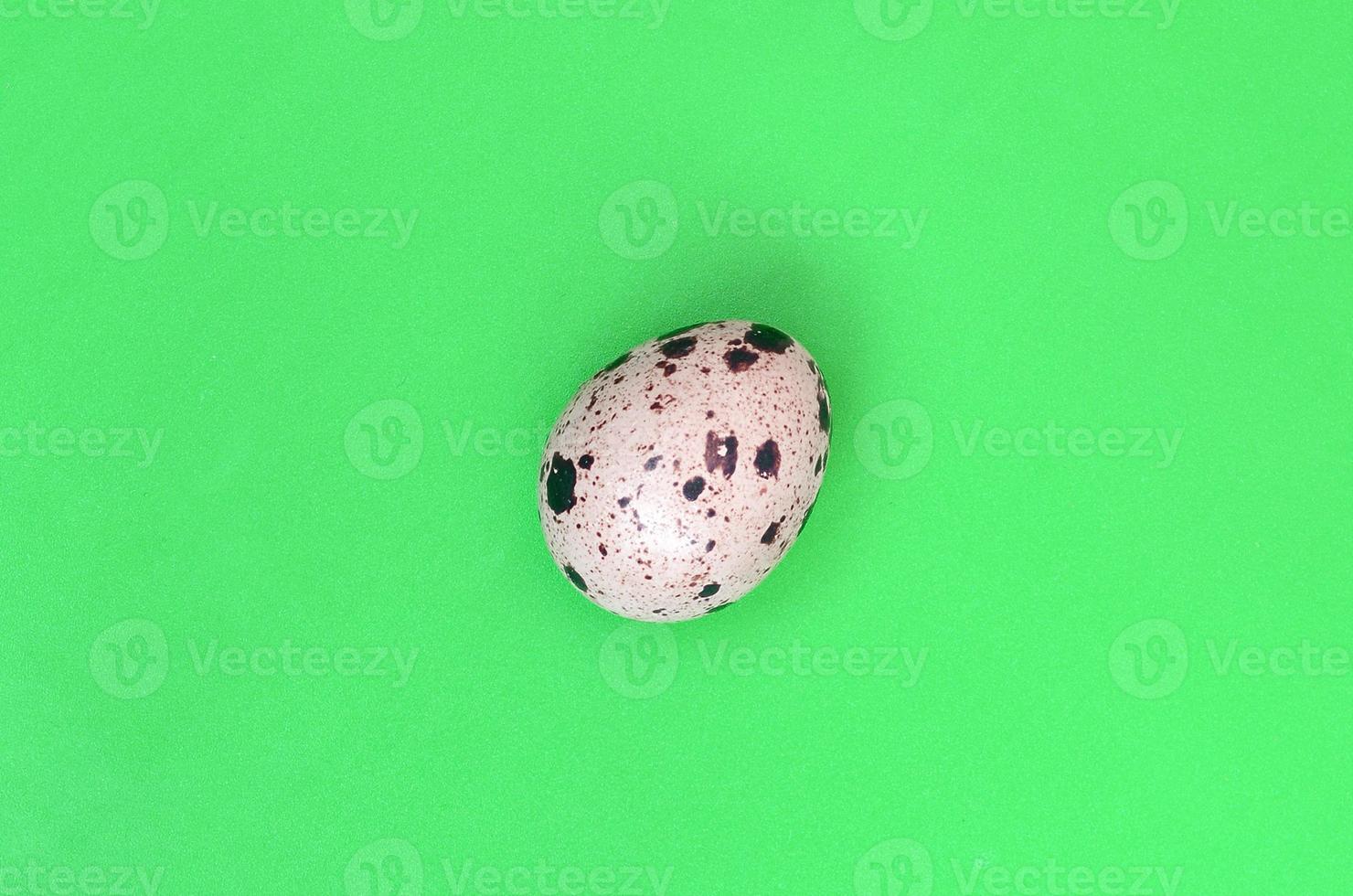 One quail egg on a light green surface, top view, empty place fo photo