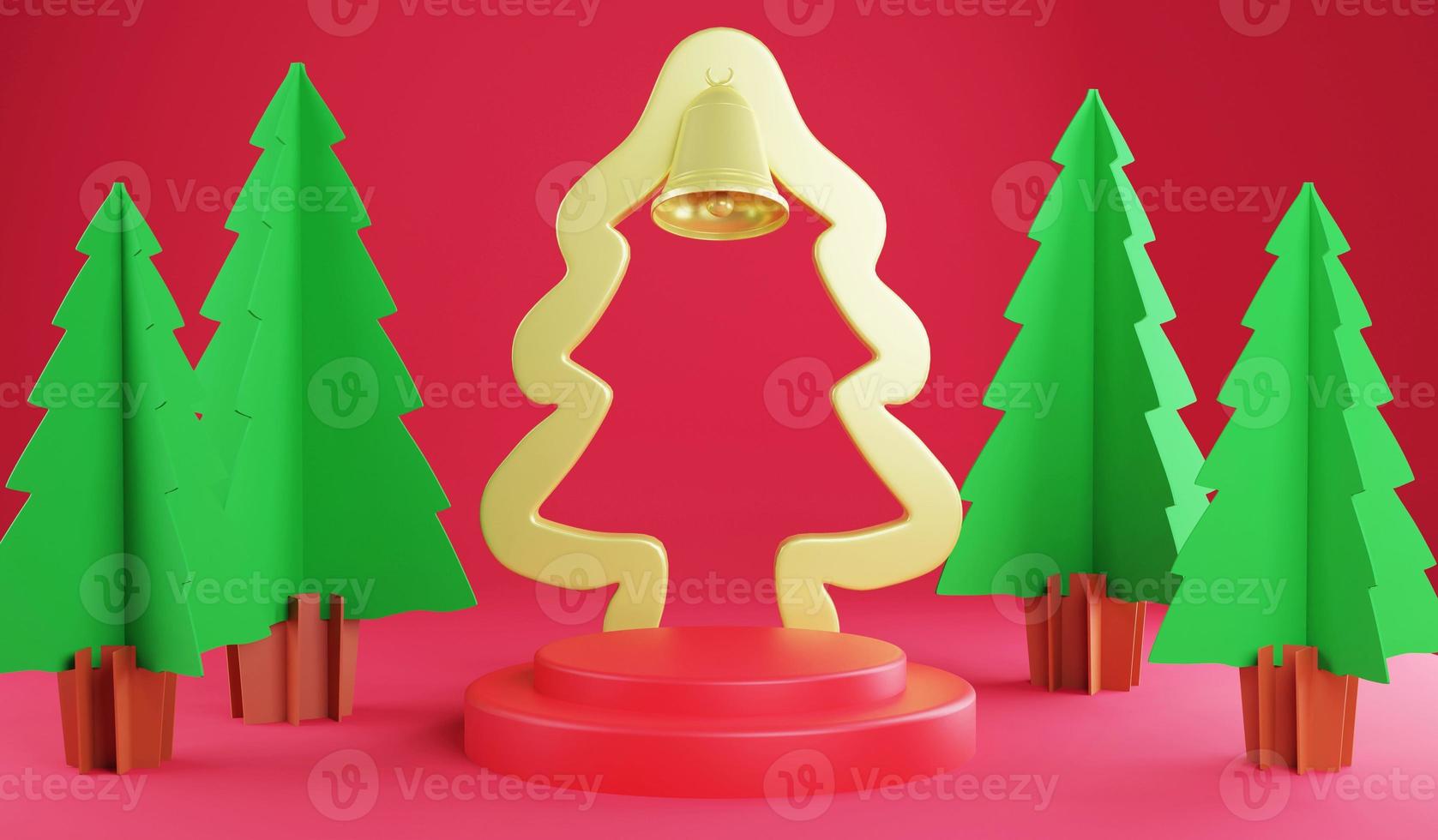 3D rendering Christmas podium and Christmas ornaments on red background, 3d illustration Christmas festival concept for product display photo