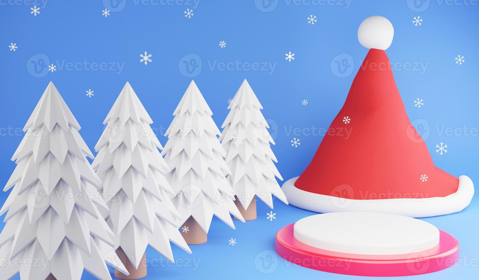 3D rendering podium for product display and Christmas tree and Santa hat on snowflake background, 3d illustration Christmas festival concept photo
