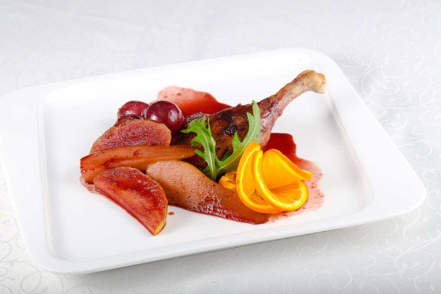 Duck leg on the plate and white background photo