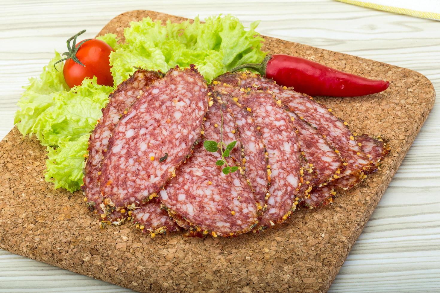 Sliced salami dish view 12844162 Stock Photo at Vecteezy