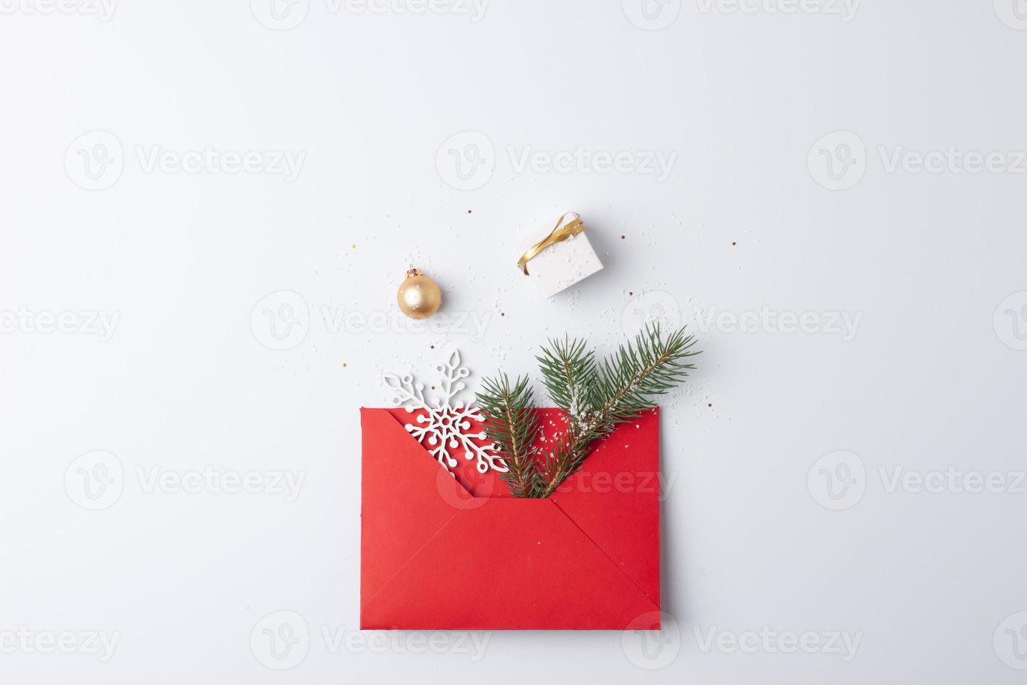 Christmas decorations with gift on white background. Flat lay, copy space photo