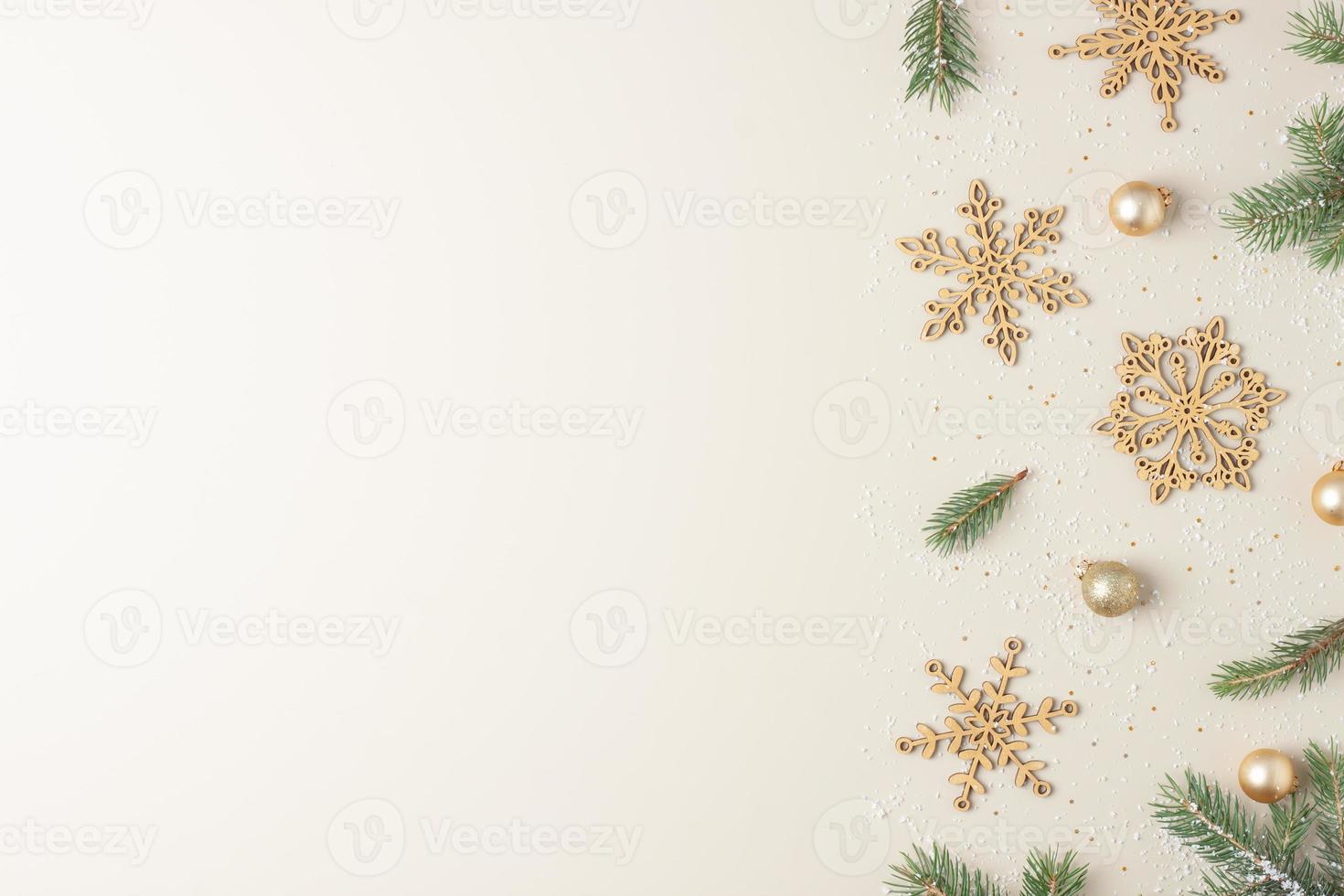 Christmas background with Christmas decorations on beige pastel. Flat ...