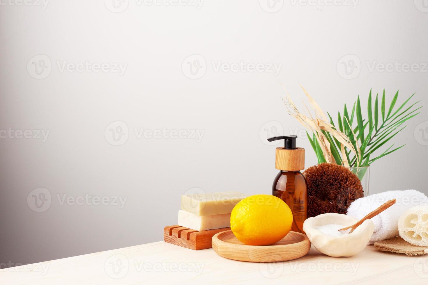 Zero waste, sustainable and eco-friendly lifestyle. Set of eco friendly natural cleaning products on white background. Close up, copy space. photo