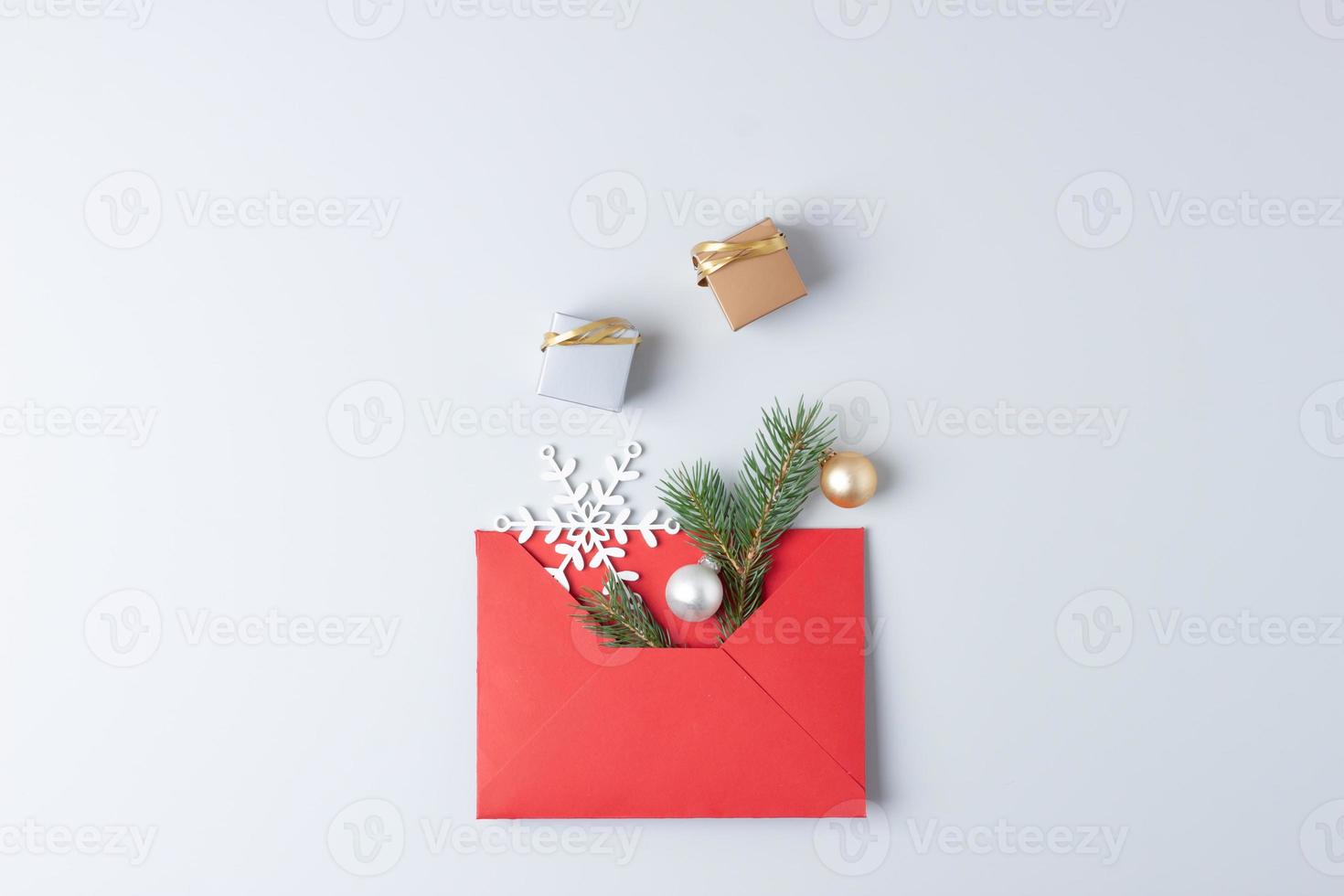 Christmas decorations with packaging gifts and Christmas tree photo
