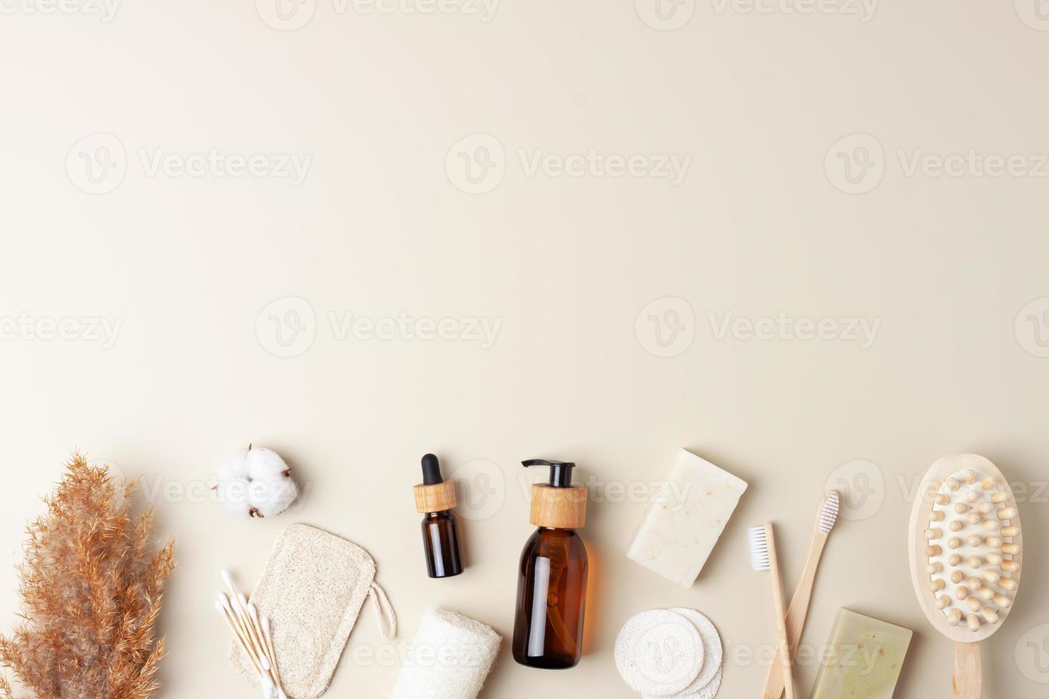 Zero waste, sustainable and eco-friendly lifestyle. Bathroom natural products from reusable materials on pastel beige background. Flat lay, copy space photo