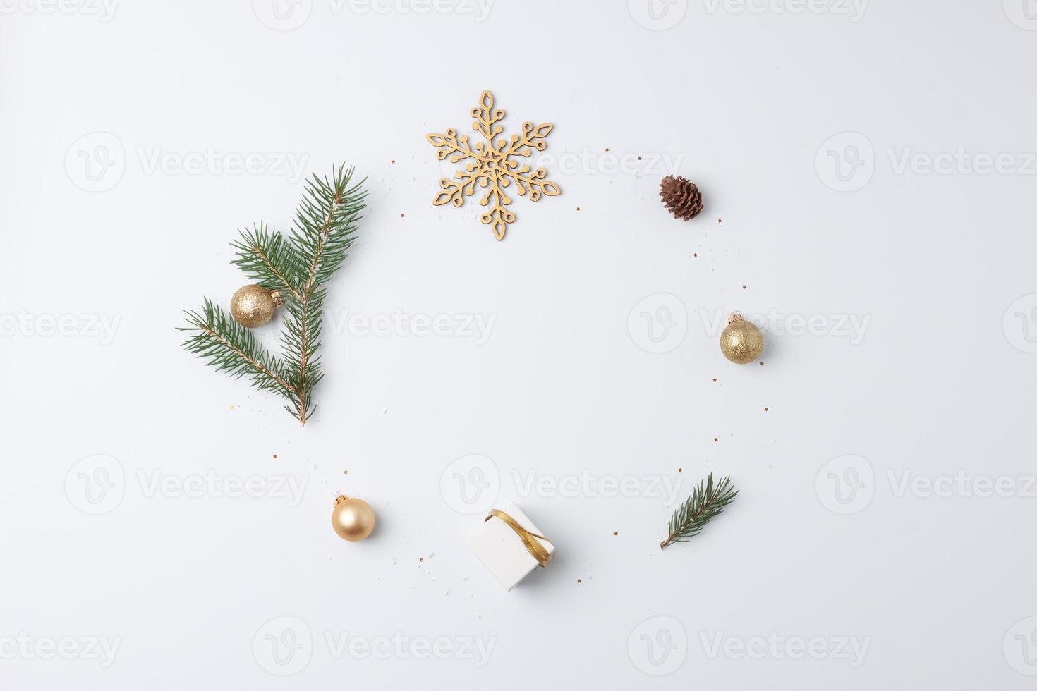 Christmas decorations with gift on white background. Flat lay, copy space photo