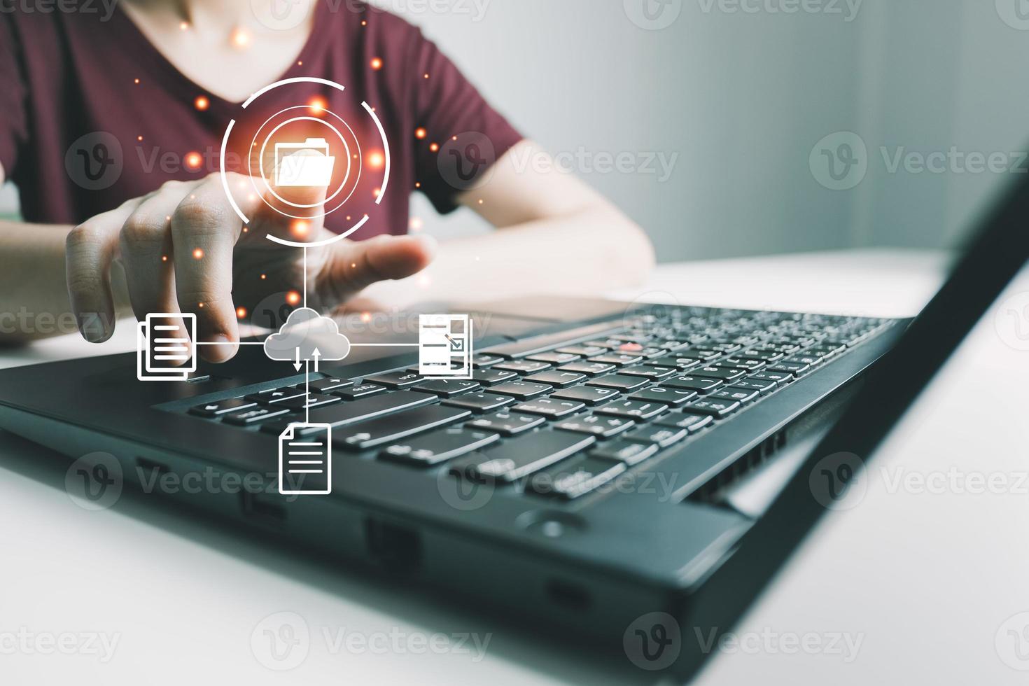 Officer using laptop manage files, Document Management System DMS, Online document database management, automated processes to manage system, ERP enterprise efficient, business technology. photo