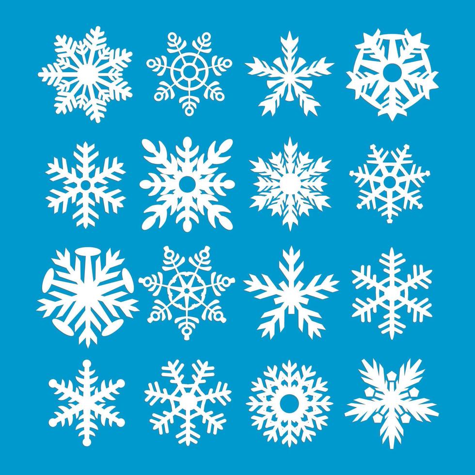 conjunto de iconos vectoriales de copos de nieve sobre fondo azul vector