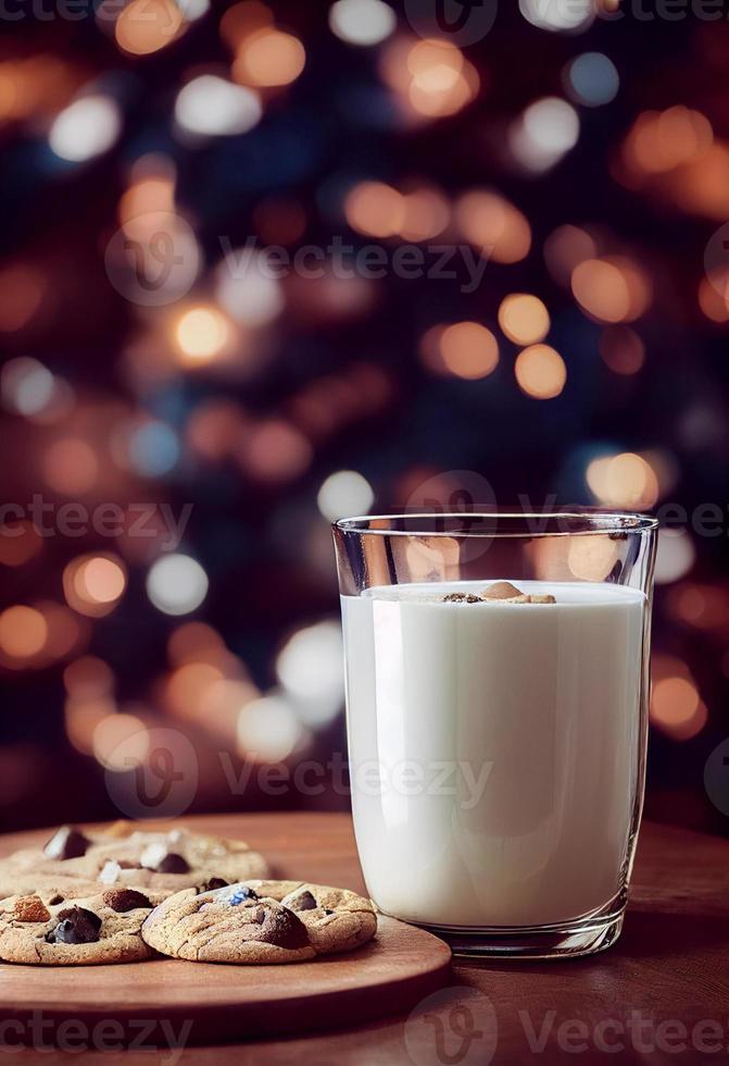 Ilustración 3d de galletas y leche con tee de navidad bokeh foto