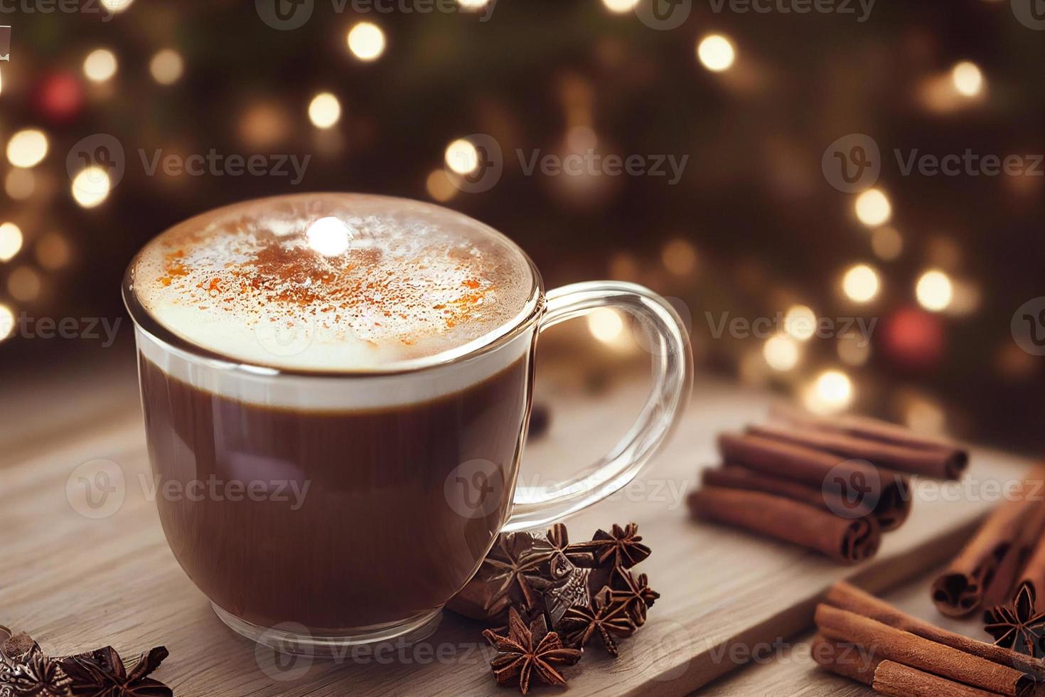 3d illustration steaming hot caramel latte in glass mug on wooden background, cinnamon sticks, anis, spices photo