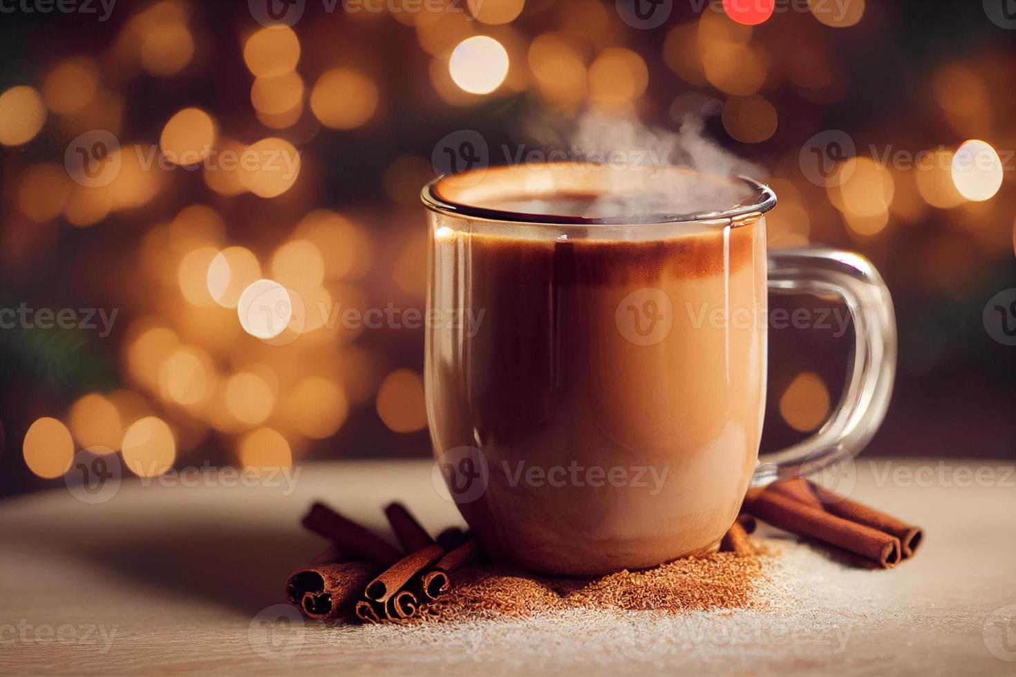 Representación 3d latte de caramelo caliente al vapor en una taza de vidrio sobre fondo de madera, palitos de canela, ambiente navideño foto