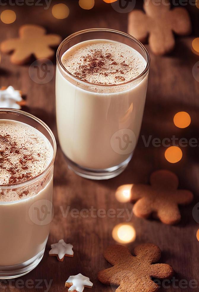 3d illustration of eggnog in glass, cinnamon, gingerbread photo