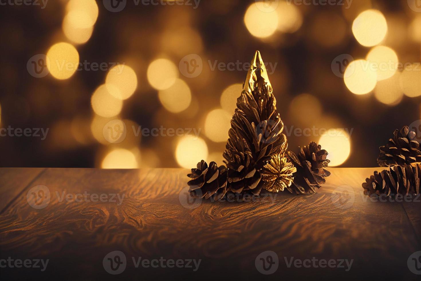 Fairy lights, golden christmas decoration. Pine cones on wooden background. 3d illustration photo