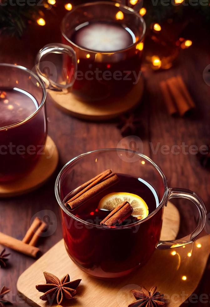 Ilustración 3d de vino caliente caliente al vapor en taza de vidrio sobre fondo de madera, palitos de canela, estado de ánimo navideño foto