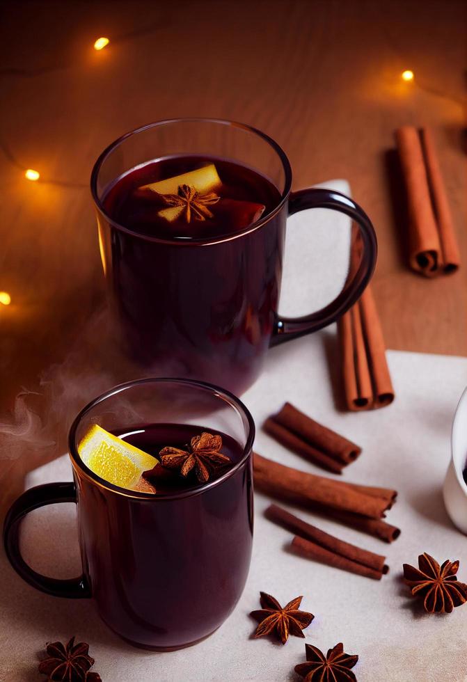 Representación 3d de vino caliente caliente al vapor en taza de vidrio sobre fondo de madera, palitos de canela, estado de ánimo navideño foto