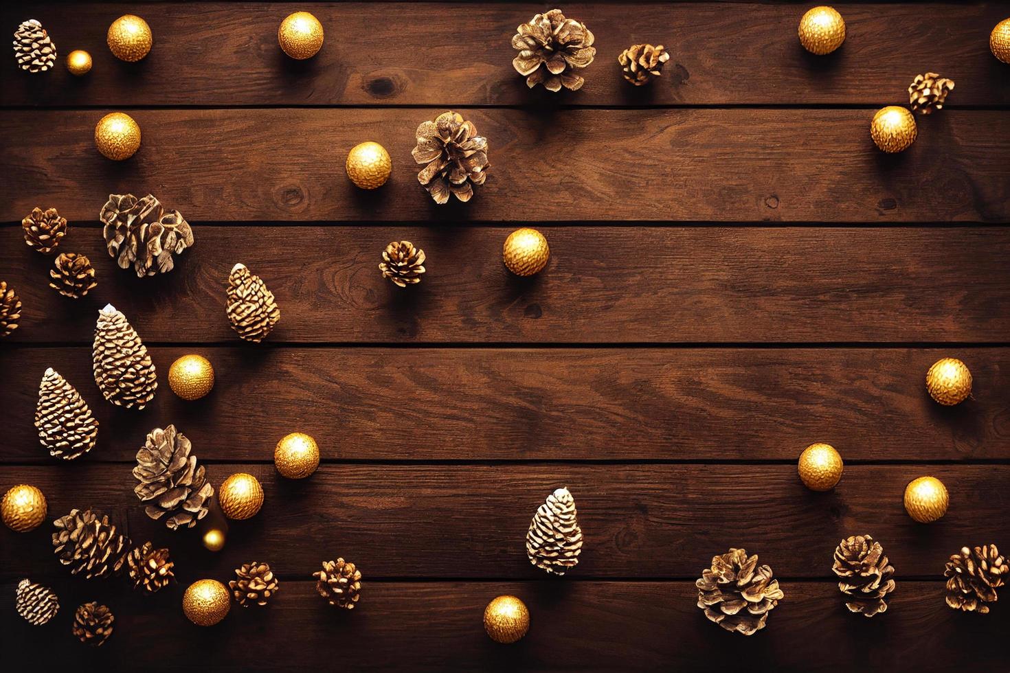 3d illustration of golden christmas globes and pine cones on wooden background photo