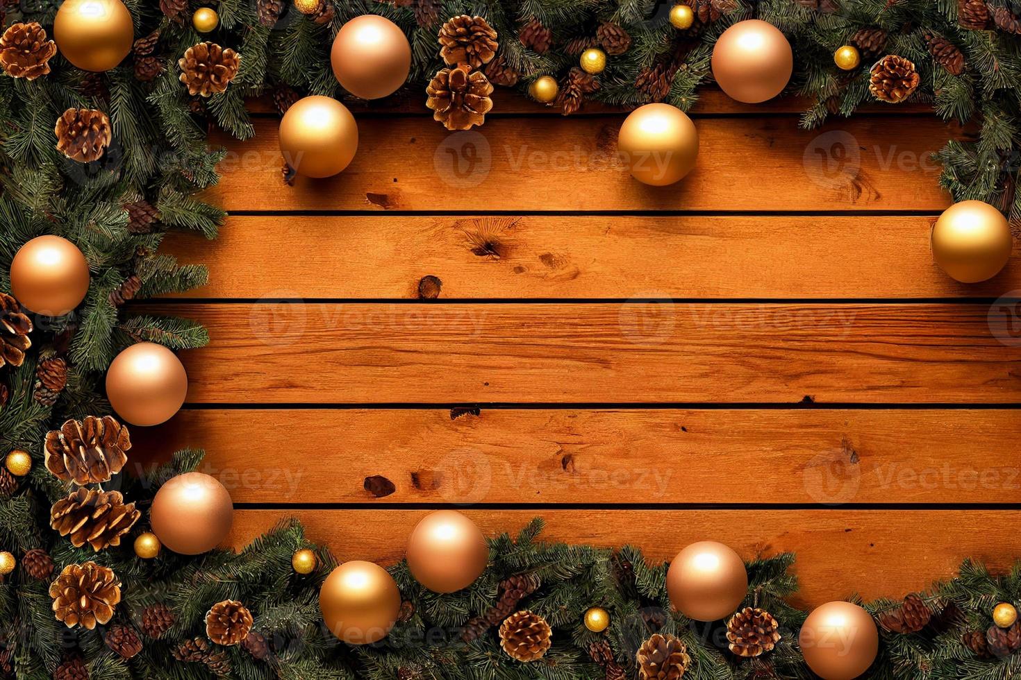 Golden globes and pine cones and fir tree branches frame on brown wooden table background. Copy space. 3d illustration photo