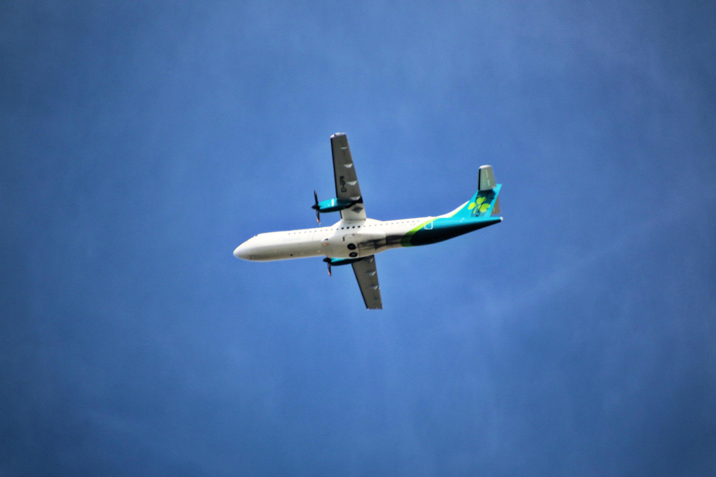 Manchester in the UK in October 2022. A view of a Plane taking off from