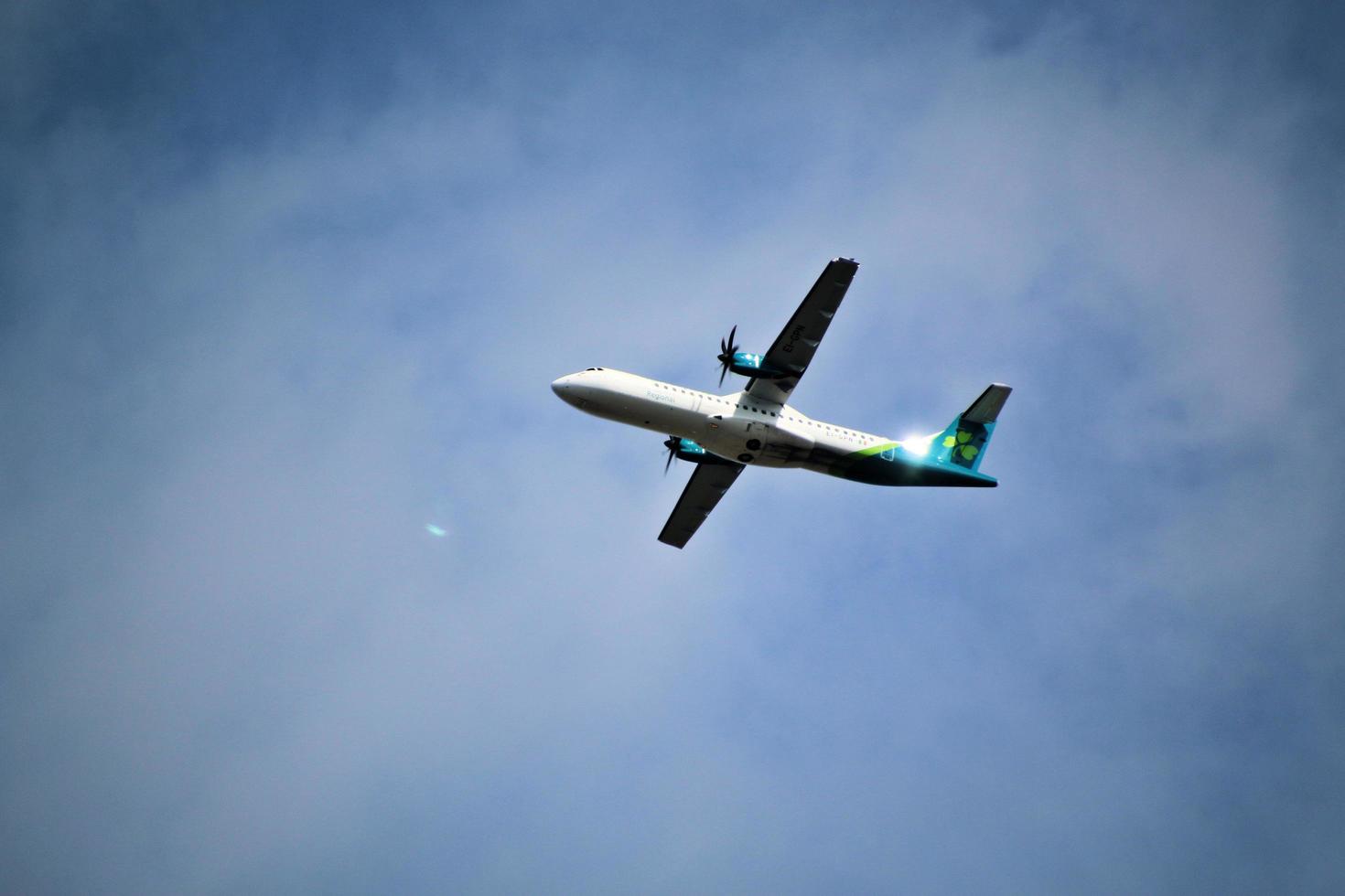 Manchester in the UK in October 2022. A view of a Plane taking off from