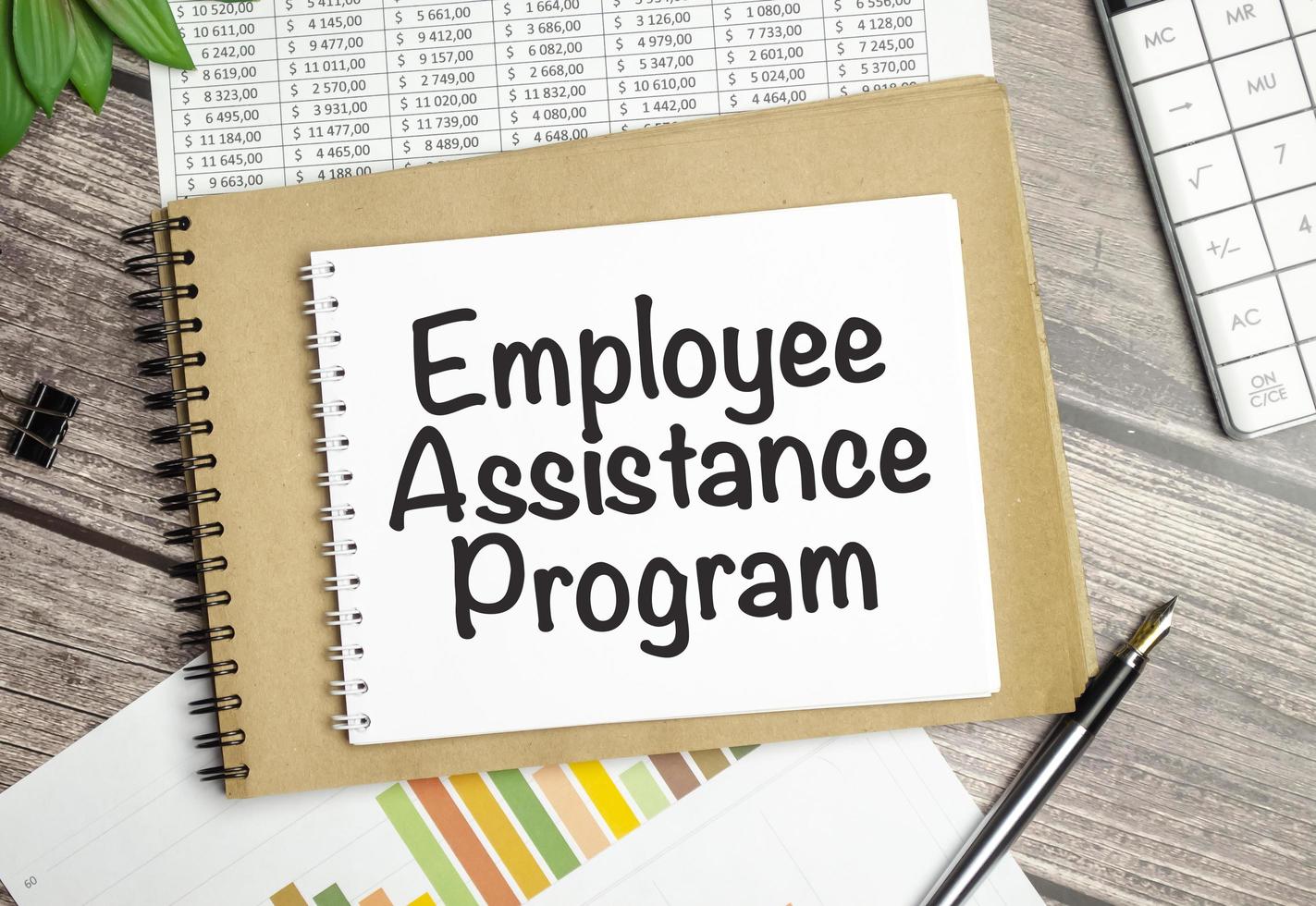 On the table charts, calculator and notebook with the EAP Employee Assistance Program. text photo