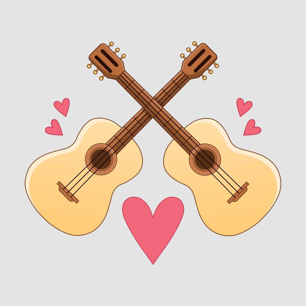 Two acoustic guitars with hearts on a gray background. Print. Vector illustration.