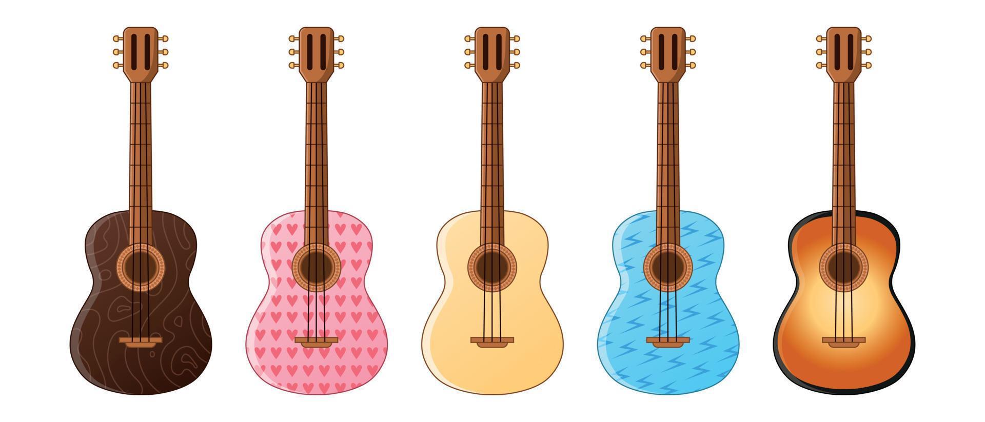 Acoustic guitars on a white background. Musical instrument. A set of guitars. 3 classical guitars, a pink guitar and a blue guitar. Vector illustration.