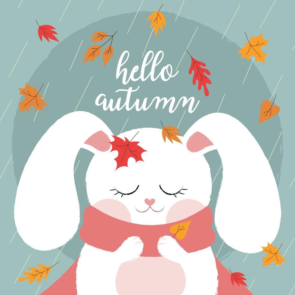 Lettering Hello Autumn. Postcard with a cute rabbit. vector