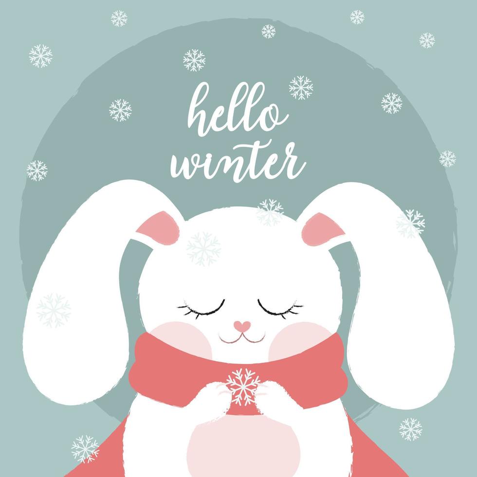 Lettering Hello Winter. Postcard with a cute rabbit. vector