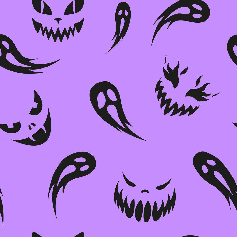 Seamless Halloween Pattern. Scary faces smile. The ghosts are frightened and fly away. vector